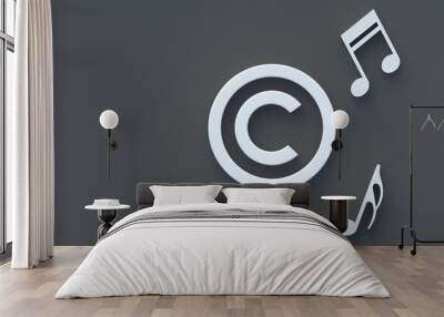 Copyright symbol near notes. Intellectual property concept. Copyright of the music or song. Top view. Copy space. 3d render Wall mural