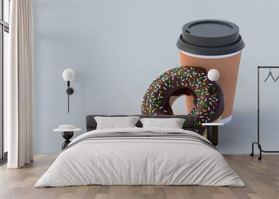 Donut near cup with beverage. Fast food concept. Food delivery. Unhealthy snack. Copy space. 3d render Wall mural