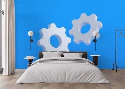 Flying gears on blue background. Engineering technology. Mechanism development. Industrial progress. Idea concept. Business cooperation. Teamwork and communication. 3d render Wall mural