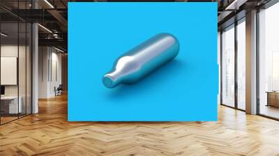 One CO2 cartridge on blue background. Laughing gas. Metal tank with compressed air for weapon. Nitrous Oxide container. 3d render Wall mural