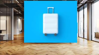 One travel suitcase on blue background. Bag for luggage. Abroad trip. Accessories for vacation. Top view. 3d render Wall mural