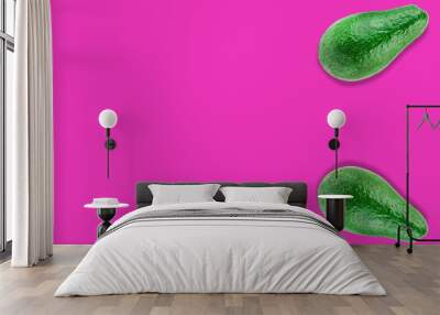 Pair of green whole fresh raw avocados on pink background with copy space for your text Wall mural