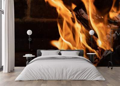 A burning log in the fireplace among the flames Wall mural