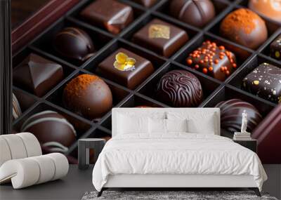 A selection of gourmet chocolates arranged in a decorative box, showcasing various shapes and vibrant colors for an exquisite treat Wall mural