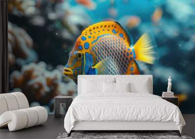 A yellow blue fish swims underwater in salty sea water near a coral reef. Underwater life, diving, snorkeling in tropical climate, red sea Wall mural