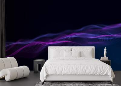 Abstract neon wave background in purple and blue tones. Visualization of computer virtual reality.3D rendering. Wall mural