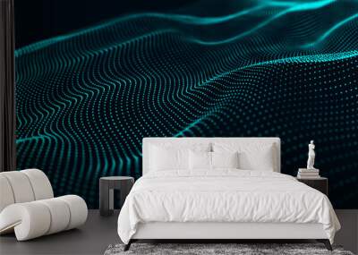 Abstract technology stream background. Digital dynamic wave of dots. Network connection structure. 3D rendering. Wall mural