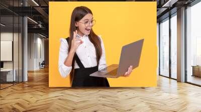 amazed kid in school uniform and glasses wavig hello to laptop screen, communication Wall mural