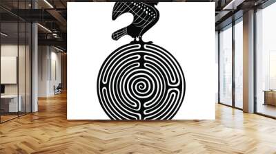 Ancient Greek siren or harpy bird with female head on top of a round spiral maze or labyrinth symbol. Creative concept for antique culture. Black and white silhouette. Wall mural