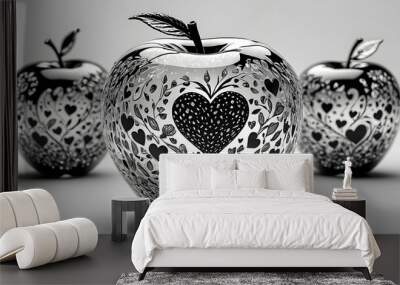 apple, alcohol ink. Hand drawn black and white poster. glass apple with a picture of a heart. Wall mural