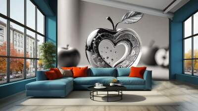 apple, alcohol ink. Hand drawn black and white poster. glass apple with a picture of a heart. Wall mural