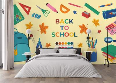 Back to school banner with school elements. Backpack, textbooks, calculator, pencil case, paints, pens, notebook, magnifying glass, clips, markers. Hand drawn vector illustration, flat cartoon style. Wall mural