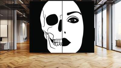 Beautiful female face half skull. Dead and alive. Juxtaposition of life and death. Vita brevis. Memento mori. Black and white silhouette. Creative conceptual art. Wall mural