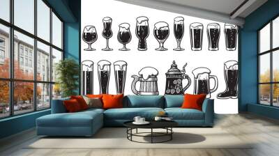 Beer glassware set. Various types of beer glasses and mugs. Hand drawn vector illustration on white background. Wall mural