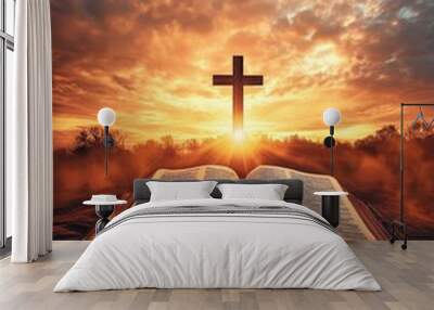 Bright sunlight, bible and holy jesus christ cross silhouette Wall mural