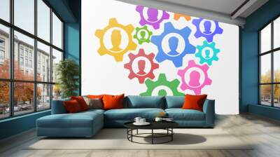 Business concept of teamwork strategy on abstract background with gears, flat style business network mechanism with people icons. Team management  illustration Wall mural