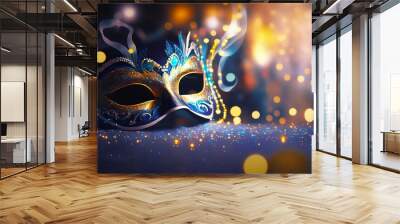 Carnival Party. Venetian Mask on a dark table. Masquerade Disguise With Shiny. Abstract Defocused Bokeh Lights. Space for text, message, advertisement. Generative AI Wall mural