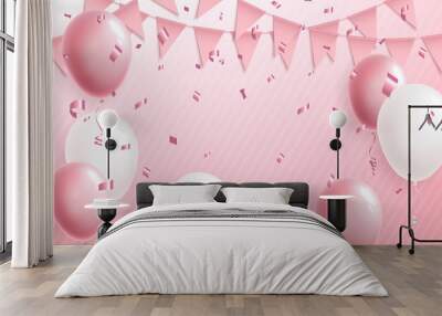 Celebration cute pink background with balloons, flag garland and foil confetti Wall mural