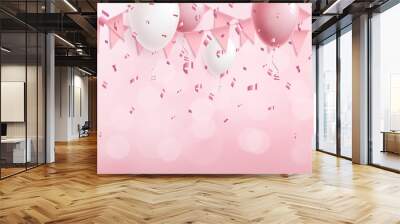 Celebration cute pink background with balloons, flag garland and foil confetti Wall mural