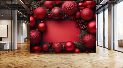 Christmas greeting holiday frame decorated with red New Year fir balls-cones and fir branches. Background with space for text in the middle for invitations, congratulations, advertising, promotion Wall mural