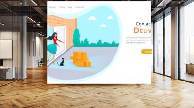 Contactless delivery service landing. Woman pick up parcel box at the door in front of her house. Safe non-contact express delivery during coronavirus pandemic. Online shopping or ecommerce concept Wall mural