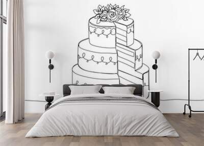 Continuous one line drawing of cut wedding cake. Concept for cafe, bakery, restaurant. Simple  vector illustration Wall mural