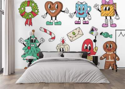 Cool Groovy Christmas. Groovy New Year tree, gingerbread, gift, mitten, candle, hot drink in trendy retro cartoon style. Set of vector stickers with characters Wall mural