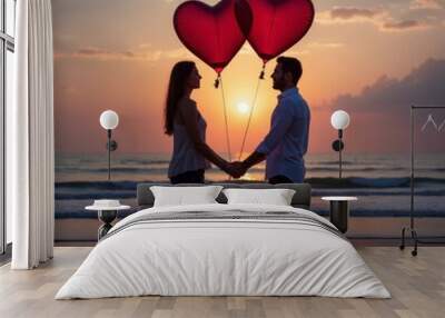 couple heart balloon sea shore evening Wall mural