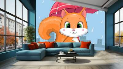 Cute cartoon squirrel with a red umbrella in the rain. Vector illustration of an animal on a blue background. Wall mural