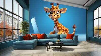 cute cheerful cartoon giraffe playing on a laptop on a blue background Wall mural