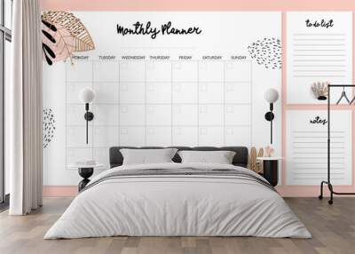 Cute Monthly Planner with flowers, to do list, notes, printable, vector Wall mural