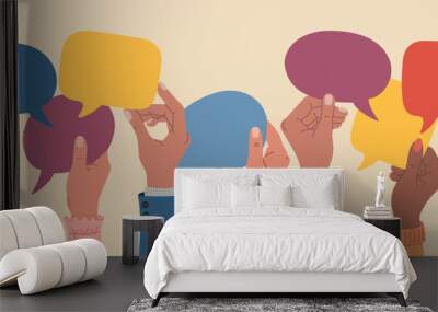 Diverse hands holding speech bubbles, people exchange ideas. Team cooperation and communication concept. Hand drawn vector illustration isolated on light background, flat cartoon style. Wall mural