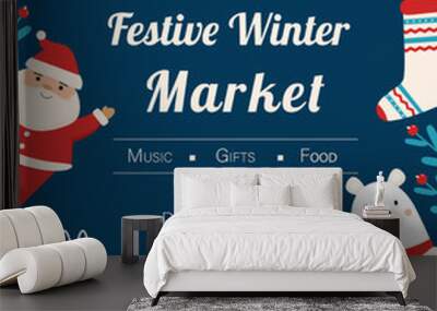 Festive Winter Market advertising poster. Christmas fair flyer with cute characters and decorative elements. Wall mural