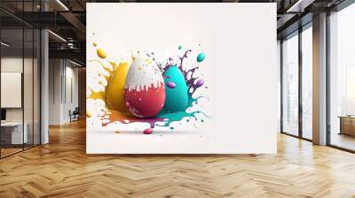 Easter. Three Easter eggs, splash of colors. Lettering Happy Easter. Banner. created by AI Wall mural