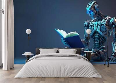 Robotic cyborg pressing. robot is sitting and reading a book. artificial intelligence. Banner. Place for text.  Generative AI Wall mural