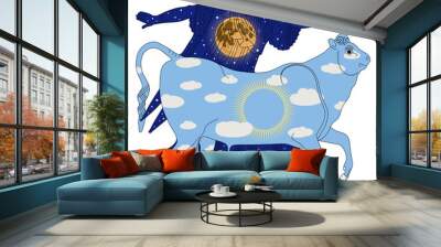 Europa and Zeus bull as sunny day and starry night with full moon. Ancient Greek mythology. Creative concept. Wall mural