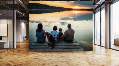 family of four people sitting on the shore on a wooden bridge of a large lake in summer and watching the beautiful sunset with dog back view Wall mural