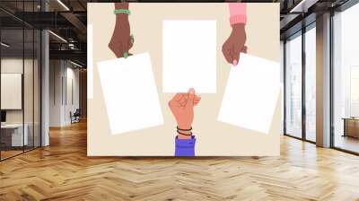 Five human hands holding empty blank papers. Hand drawn vector illustration isolated on light background. Flat cartoon style. Wall mural