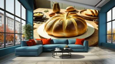 fresh round bread on the table. rustic freshly baked bread	
 Wall mural