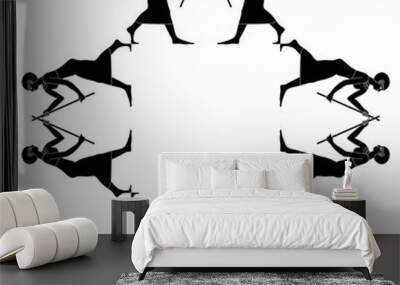 Geometrical rhombus shape ethnic frame with ancient Egyptian women dancing or fighting with sticks. Black and white silhouette. Wall mural