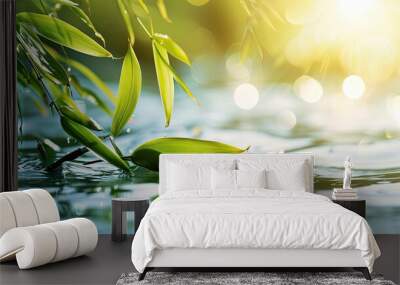 green fresh bamboo leaf on light blue transparent water wave in sunlight. Banner with copy space Wall mural