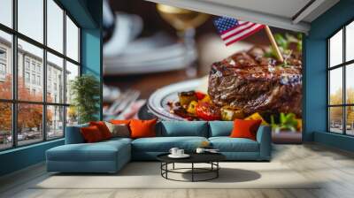 Grilled steak with vegetables and American flag Wall mural