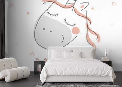 Happy Birthday card with cute unicorn in doodle style, vector illustration Wall mural