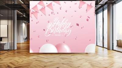 Happy Birthday greeting or invitation card with balloons, flags and foil confetti Wall mural