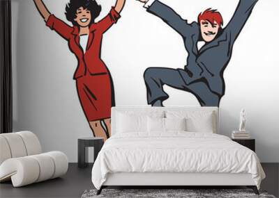 Happy couple jumping and having fun. Woman and man jump, dance and fool around. Employees celebrate their success. Hand drawn vector illustration in sketch style on white background. Wall mural