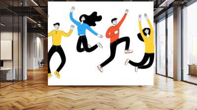 Happy people jump in the air. Celebration concept. Victory holiday, cheerful lifestyle. Vector flat line illustration Wall mural