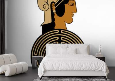 Head of ancient Greek woman on a round spiral maze or labyrinth symbol. Ariadne. Creative mythological concept.  Wall mural