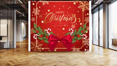 Holiday's Background for Merry Christmas greeting card with a realistic green garland of pine tree branches, decorated with Christmas candy, snowflakes, red berries Wall mural