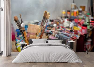 artist's Studio. Bunch of paintbrushes closeup, selective focus. Wall mural