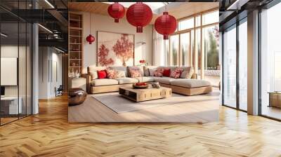 interior of a bright living room in Chinese style made from natural materials decorated with red Chinese lanterns Wall mural